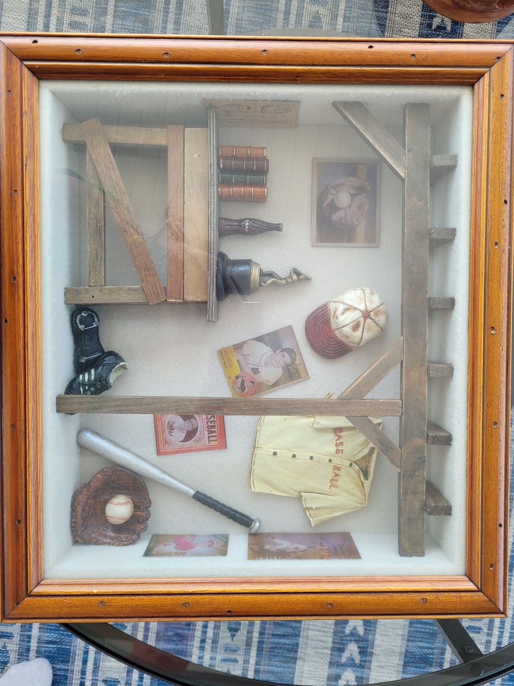Framed Vintage Baseball Shadowbox with Wooden Shelf Display - Brown & Cream